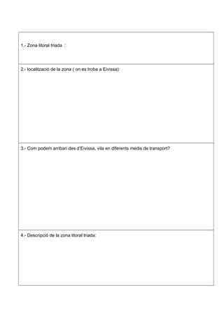 1.- Zona litoral triada :
2.- localització de la zona ( on es troba a Eivissa):
3.- Com podem arribari des d’Eivissa, vila...