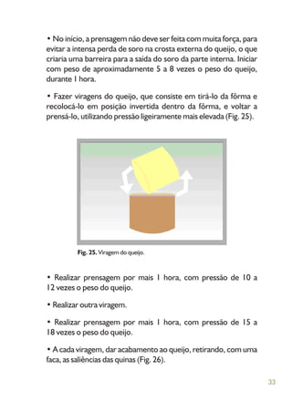33
• No início, a prensagem não deve ser feita com muita força, para
evitar a intensa perda de soro na crosta externa do queijo, o que
criaria uma barreira para a saída do soro da parte interna. Iniciar
com peso de aproximadamente 5 a 8 vezes o peso do queijo,
durante 1 hora.
• Fazer viragens do queijo, que consiste em tirá-lo da fôrma e
recolocá-lo em posição invertida dentro da fôrma, e voltar a
prensá-lo, utilizando pressão ligeiramente mais elevada (Fig. 25).
Fig. 25. Viragem do queijo.
• Realizar prensagem por mais 1 hora, com pressão de 10 a
12 vezes o peso do queijo.
• Realizar outra viragem.
• Realizar prensagem por mais 1 hora, com pressão de 15 a
18 vezes o peso do queijo.
• A cada viragem, dar acabamento ao queijo, retirando, com uma
faca, as saliências das quinas (Fig. 26).
 