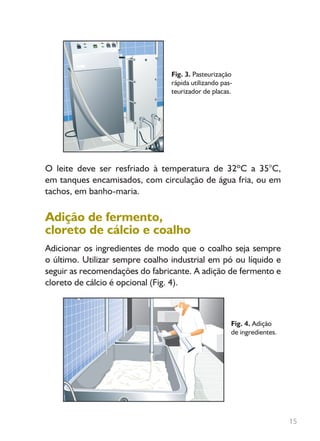15
O leite deve ser resfriado à temperatura de 32ºC a 35°C,
em tanques encamisados, com circulação de água fria, ou em
tachos, em banho-maria.
Adição de fermento,
cloreto de cálcio e coalho
Adicionar os ingredientes de modo que o coalho seja sempre
o último. Utilizar sempre coalho industrial em pó ou líquido e
seguir as recomendações do fabricante. A adição de fermento e
cloreto de cálcio é opcional (Fig. 4).
Fig. 3. Pasteurização
rápida utilizando pas-
teurizador de placas.
Fig. 4. Adição
de ingredientes.
Livro_queijo_qualho.indd 15 14/3/2006 14:16:53
 