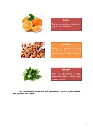 Laranja
Diminui a absorção do colesterol e
regula a pressão arterial.

Amêndoas
Diminui a absorção do mau
colesterol da dieta e aumentar os
níveis de bom colesterol no sangue.

Espinafres
Ricos em antioxidantes e fibras.
Desempenham função protectora no
nosso organismo.

Faça escolhas inteligentes por uma vida mais saudável! Podemos consumir de tudo
mas com conta, peso e medida.

4

 