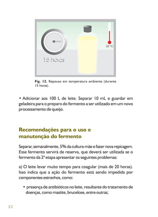 22
• Adicionar aos 100 L de leite. Separar 10 mL e guardar em
geladeira para o preparo do fermento a ser utilizado em um novo
processamento de queijo.
Recomendações para o uso e
manutenção do fermento
Separar,semanalmente,5%dacultura-mãeefazernovarepicagem.
Esse fermento servirá de reserva, que deverá ser utilizada se o
fermento da 2ª etapa apresentar os seguintes problemas:
a) O leite levar muito tempo para coagular (mais de 20 horas).
Isso indica que a ação do fermento está sendo impedida por
componentesestranhos,como:
• presença de antibióticos no leite, resultante do tratamento de
doenças, como mastite, brucelose, entre outras;
Fig. 12. Repouso em temperatura ambiente (durante
15 horas).
 