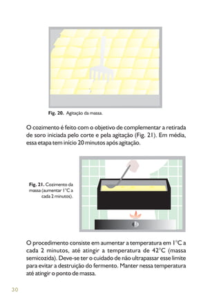 30
O cozimento é feito com o objetivo de complementar a retirada
de soro iniciada pelo corte e pela agitação (Fig. 21). Em média,
essa etapa tem início 20 minutos após agitação.
Fig. 20. Agitação da massa.
O procedimento consiste em aumentar a temperatura em 1°C a
cada 2 minutos, até atingir a temperatura de 42°C (massa
semicozida). Deve-se ter o cuidado de não ultrapassar esse limite
para evitar a destruição do fermento. Manter nessa temperatura
até atingir o ponto de massa.
Fig. 21. Cozimento da
massa (aumentar 1°C a
cada 2 minutos).
 