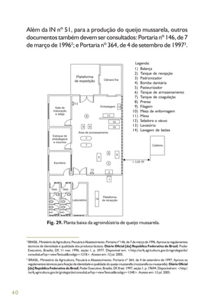 40
Além da IN nº 51, para a produção do queijo mussarela, outros
documentos também devem ser consultados: Portaria nº 146, de 7
de março de 19962
; e Portaria nº 364, de 4 de setembro de 19973
.
Fig. 29. Planta baixa da agroindústria de queijo mussarela.
2
BRASIL.MinistériodaAgricultura,PecuáriaeAbastecimento.Portarianº146,de7demarçode1996.Aprovaosregulamentos
técnicos de identidade e qualidade dos produtos lácteos. Diário Oficial [da] República Federativa do Brasil, Poder
Executivo, Brasília, DF, 11 mar. 1996, seção 1, p. 3977. Disponível em: <http://oc4j.agricultura.gov.br/agrolegis/do/
consultaLei?op=viewTextual&codigo=1218>. Acesso em: 12 jul. 2005.
3
BRASIL. Ministério da Agricultura, Pecuária e Abastecimento. Portaria nº 364, de 4 de setembro de 1997. Aprova os
regulamentostécnicosparafixaçãodeidentidadeequalidadedoqueijomuzzarella(muzzarellaoumussarella).DiárioOficial
[da] República Federativa do Brasil,PoderExecutivo,Brasília,DF,8set.1997,seção1,p.19694.Disponívelem:<http:/
/oc4j.agricultura.gov.br/grolegis/do/consultaLei?op=viewTextual&codigo=1248>. Acesso em: 13 jul. 2005.
Plataforma
de expedição
m
Balança
Tanque de recepção
Padronizador
Bomba danitária
Pasteurizador
Tanque de armazenamento
Tanque de coagulação
Prensa
Filagem
Mesa de enformagem
Mesa
Seladora a vácuo
Lavatório
Lavagem de latões
1)
2)
3)
4)
5)
6)
7)
8)
9)
10)
11)
12)
13)
14)
Legenda:
 