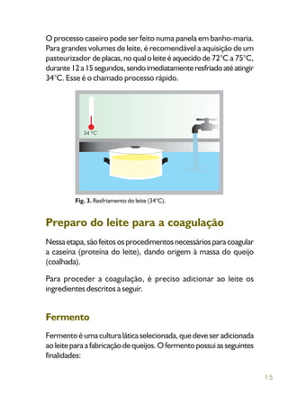 15
O processo caseiro pode ser feito numa panela em banho-maria.
Para grandes volumes de leite, é recomendável a aquisição de um
pasteurizador deplacas,noqualoleiteéaquecidode 72°C a 75°C,
durante12a15segundos,sendoimediatamenteresfriadoatéatingir
34°C. Esse é o chamado processo rápido.
Fig. 3. Resfriamento do leite (34°C).
Preparo do leite para a coagulação
Nessaetapa,sãofeitososprocedimentosnecessáriosparacoagular
a caseína (proteína do leite), dando origem à massa do queijo
(coalhada).
Para proceder a coagulação, é preciso adicionar ao leite os
ingredientes descritos a seguir.
Fermento
Fermentoéumaculturaláticaselecionada,quedeveseradicionada
aoleiteparaafabricaçãodequeijos.Ofermentopossuiasseguintes
finalidades:
 