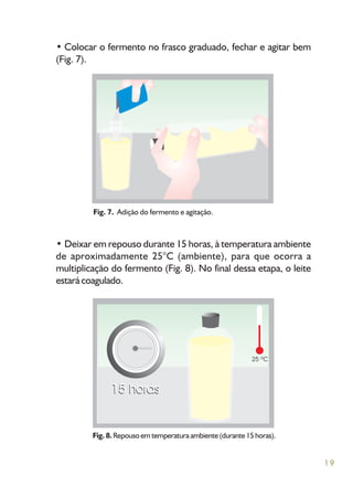 19
• Colocar o fermento no frasco graduado, fechar e agitar bem
(Fig. 7).
• Deixar em repouso durante 15 horas, à temperatura ambiente
de aproximadamente 25°C (ambiente), para que ocorra a
multiplicação do fermento (Fig. 8). No final dessa etapa, o leite
estará coagulado.
Fig. 7. Adição do fermento e agitação.
Fig. 8.Repousoemtemperaturaambiente(durante15horas).
 
