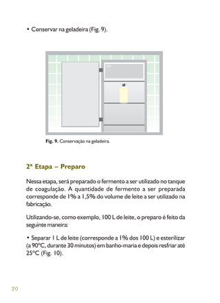 20
• Conservar na geladeira (Fig. 9).
2ª Etapa – Preparo
Nessa etapa, será preparado o fermento a ser utilizado no tanque
de coagulação. A quantidade de fermento a ser preparada
corresponde de 1% a 1,5% do volume de leite a ser utilizado na
fabricação.
Utilizando-se, como exemplo, 100 L de leite, o preparo é feito da
seguinte maneira:
• Separar 1 L de leite (corresponde a 1% dos 100 L) e esterilizar
(a 90ºC, durante 30 minutos) em banho-maria e depois resfriar até
25ºC (Fig. 10).
Fig. 9. Conservação na geladeira.
 