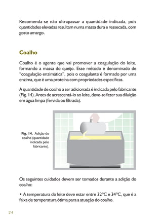 24
Recomenda-se não ultrapassar a quantidade indicada, pois
quantidades elevadas resultam numa massa dura e ressecada, com
gosto amargo.
Coalho
Coalho é o agente que vai promover a coagulação do leite,
formando a massa do queijo. Esse método é denominado de
“coagulação enzimática”, pois o coagulante é formado por uma
enzima, que é uma proteína com propriedades específicas.
A quantidade de coalho a ser adicionada é indicada pelo fabricante
(Fig. 14). Antes de acrescentá-lo ao leite, deve-se fazer sua diluição
em água limpa (fervida ou filtrada).
Fig. 14. Adição do
coalho (quantidade
indicada pelo
fabricante).
Os seguintes cuidados devem ser tomados durante a adição do
coalho:
• A temperatura do leite deve estar entre 32ºC e 34ºC, que é a
faixa de temperatura ótima para a atuação do coalho.
 