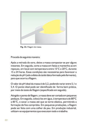 32
Proceda da seguinte maneira:
Após a retirada do soro, deixe a massa compactar-se por alguns
instantes. Em seguida, corte a massa em fatias e mantenha-as em
repouso, em local com temperatura entre 15°C e 20°C, durante
15 a 24 horas. Essas condições são necessárias para favorecer a
reduçãodopH(soboefeitodoácidoláticoformadopelofermento),
para que ocorra a filagem.
O valor do pH ideal da massa é de 5,2, podendo variar entre 5,1 e
5,4. O ponto ideal pode ser identificado de forma bem prática,
por meio do teste de filagem (especificado em seguida).
Atingidoopontodefilagem,amassadevesercortadaempequenos
pedaços. Em seguida, colocá-los em água, à temperatura de 80ºC
a 85°C, e sovar a massa até que se torne elástica, permitindo a
formação de fios compridos. Em pequenas produções, a filagem
pode ser feita com uma colher de pau. Em produção industrial,
utilizam-se equipamentos que executam todo o trabalho.
Fig. 23. Filagem da massa.
 