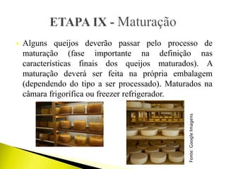  Alguns queijos deverão passar pelo processo de
maturação (fase importante na definição nas
características finais dos queijos maturados). A
maturação deverá ser feita na própria embalagem
(dependendo do tipo a ser processado). Maturados na
câmara frigorífica ou freezer refrigerador.
Fonte:GoogleImagens
 