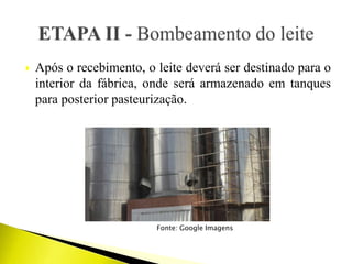  Após o recebimento, o leite deverá ser destinado para o
interior da fábrica, onde será armazenado em tanques
para posterior pasteurização.
Fonte: Google Imagens
 