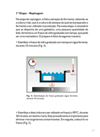 17
1ª Etapa - Repicagem
Na etapa de repicagem, é feita a ativação do fermento, obtendo-se
a cultura-mãe, que é a cultura de estoque da qual será preparado o
fermento a ser utilizado na produção. Para essa etapa, é necessário
que se disponha de uma geladeira, uma pequena quantidade de
leite,fermentoeumfrascodevidrograduadocomtampa,quepode
ser uma mamadeira. O preparo é feito da seguinte maneira:
•Esterilizarofrascodevidrograduadocomtampaemáguafervente,
durante 10 minutos (Fig. 4).
•Esterilizaroleite(volumeaserutilizadonofrasco)a90ºC,durante
30minutos,embanho-maria.Esseprocedimentoéimportantepara
eliminar microrganismos contaminantes. Em seguida, colocá-lo no
frasco (Fig. 5).
Fig. 4. Esterilização do frasco graduado (água fervente,
durante 10 minutos).
 