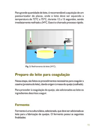 15
Para grande quantidade de leite, é recomendável a aquisição de um
pasteurizador de placas, onde o leite deve ser aquecido a
temperatura de 72ºC a 75ºC, durante 12 a 15 segundos, sendo
imediatamenteresfriadoa34ºC.Esseéochamadoprocessorápido.
Fig. 3. Resfriamento do leite (34°C).
Preparo do leite para coagulação
Nessaetapa,sãofeitososprocedimentosnecessáriosparacoagulara
caseína(proteínadoleite),dandoorigemàmassadoqueijo(coalhada).
Para proceder à coagulação do queijo, são adicionados ao leite os
ingredientes descritos a seguir.
Fermento
Fermentoéumaculturalática,selecionada,quedeveseradicionadaao
leite para a fabricação de queijos. O fermento possui as seguintes
finalidades:
 