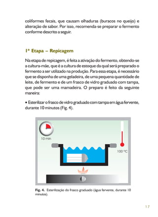 17
coliformes fecais, que causam olhaduras (buracos no queijo) e
alteração de sabor. Por isso, recomenda-se preparar o fermento
conforme descrito a seguir.
1ª Etapa – Repicagem
Na etapa de repicagem, é feita a ativação do fermento, obtendo-se
a cultura-mãe, que é a cultura de estoque da qual será preparado o
fermento a ser utilizado na produção. Para essa etapa, é necessário
que se disponha de uma geladeira, de uma pequena quantidade de
leite, de fermento e de um frasco de vidro graduado com tampa,
que pode ser uma mamadeira. O preparo é feito da seguinte
maneira:
Esterilizarofrascodevidrograduadocomtampaemáguafervente,
durante 10 minutos (Fig. 4).
Fig. 4. Esterilização do frasco graduado (água fervente, durante 10
minutos).
 
