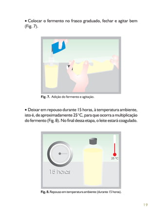 19
Colocar o fermento no frasco graduado, fechar e agitar bem
(Fig. 7).
Fig. 7. Adição do fermento e agitação.
Deixar em repouso durante 15 horas, à temperatura ambiente,
isto é, de aproximadamente 25 C, para que ocorra a multiplicação
do fermento (Fig. 8). No final dessa etapa, o leite estará coagulado.
Fig. 8.Repousoemtemperaturaambiente(durante15horas).
 