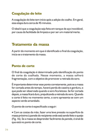 26
Coagulação do leite
A coagulação do leite tem início após a adição do coalho. Em geral,
essa etapa dura cerca de 45 minutos.
O ideal é que a coagulação seja feita em tanque de aço inoxidável,
por causa da facilidade de limpeza e por ser um material inerte.
Tratamento da massa
A partir do momento em que é identificado o final da coagulação,
inicia-se o tratamento da massa.
Ponto de corte
O final da coagulação é determinado pela identificação do ponto
de corte da coalhada. Nesse momento, a massa sofrerá
fragmentação, com o objetivo de promover a retirada do soro.
Éimportantedeterminaressepontocorretamente,poisseamassa
for cortada antes do tempo, haverá perda de caseína e gordura, o
que pode ser observado quando o soro fica leitoso. Se for cortada
depois,amassaficarádura,prejudicandoaretiradadosoro.Quando
o corte é feito no momento certo, o soro apresenta-se com um
aspecto verde-amarelado.
O ponto de corte é especificado a seguir:
Com as costas da mão, fazer uma leve pressão na superfície da
massapróximoàparededorecipienteondeestásendofeitooqueijo
(Fig. 16). Se a massa se desprender facilmente da parede, é sinal de
que está no ponto de corte.
 