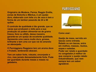 Originário de Modena, Parma, Reggio Emilia, zonas de Bolonha e Mântua, é um queijo duro, elaborado com leite cru de vaca e tem a forma de um tambor pesando de 24 a 40 quilos  O controle de qualidade é tão grande, que as vacas que produzem o leite para a sua produção só podem alimentar-se de grama fresca, feno ou alfafa, dessa maneira, garante-se um queijo de excelente qualidade. Apresenta uma casca muito dura, grossa, brilhante e tem uma cor que vai do amarelo ao alaranjado.  O Parmiggiano Reggiano tem um aroma doce e frutado, lembrando abacaxi.  Tem um sabor forte, robusto, encorpado e rico, mas jamais demasiadamente forte. Pode ser guardado durante meses e meses na geladeira.  Como usar: Queijo de mesa, servido em lascas como entrada.  Ralado ou em lascas, entra em molhos, massas, risotos, sopas e saladas.  Poder ser ralado e guardado no congelador,é melhor do que comprar o queijo ralado industrializado, que nem sempre tem um sabor agradável.  PARMIGGIANO 