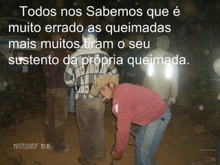 Todos nos Sabemos que é muito errado as queimadas mais muitos tiram o seu sustento da própria queimada. 