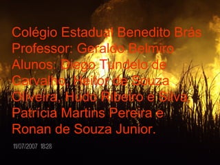 Colégio Estadual Benedito Brás Professor: Geraldo Belmiro Alunos: Diego Tundelo de Carvalho, Heitor de Souza Oliveira, Hudo Ribeiro e Silva, Patrícia Martins Pereira e Ronan de Souza Junior. 