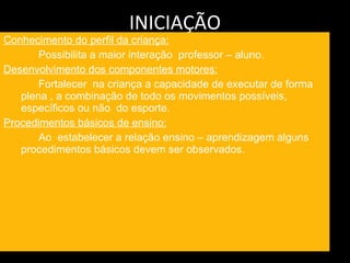 INICIAÇÃO Conhecimento do perfil da criança:   Possibilita a maior interação  professor – aluno. Desenvolvimento dos componentes motores:   Fortalecer  na criança a capacidade de executar de forma plena , a combinação de todo os movimentos possíveis, específicos ou não  do esporte. Procedimentos básicos de ensino:   Ao  estabelecer a relação ensino – aprendizagem alguns procedimentos básicos devem ser observados. 