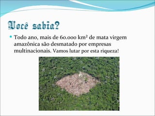 Você sabia?
 Todo ano, mais de 60.000 km² de mata virgem
 amazônica são desmatado por empresas
 multinacionais. Vamos lutar por esta riqueza!
 