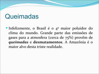 Queimadas
 Infelizmente, o Brasil é o 4º maior poluidor do
 clima do mundo. Grande parte das emissões de
 gases para a atmosfera (cerca de 75%) provêm de
 queimadas e desmatamentos. A Amazônia é o
 maior alvo desta triste realidade.
 