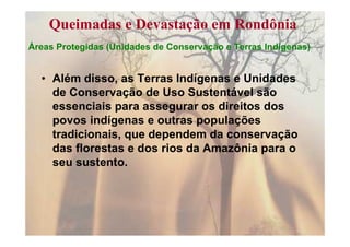 Queimadas e Devastação em Rondônia
Áreas Protegidas (Unidades de Conservação e Terras Indígenas)


  • Além disso, as Terras Indígenas e Unidades
    de Conservação de Uso Sustentável são
    essenciais para assegurar os direitos dos
    povos indígenas e outras populações
    tradicionais, que dependem da conservação
    das florestas e dos rios da Amazônia para o
    seu sustento.
 