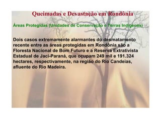 Queimadas e Devastação em Rondônia
Áreas Protegidas (Unidades de Conservação e Terras Indígenas)


Dois casos extremamente alarmantes do desmatamento
recente entre as áreas protegidas em Rondônia são a
Floresta Nacional de Bom Futuro e a Reserva Extrativista
Estadual de Jaci-Paraná, que ocupam 249 mil e 191.324
hectares, respectivamente, na região do Rio Candeias,
afluente do Rio Madeira.
 