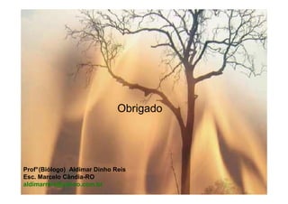 Obrigado




Prof° (Biólogo) Aldimar Dinho Reis
Esc. Marcelo Cândia-RO
aldimarreis@yahoo.com.br
 