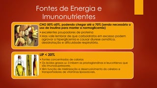 Fontes de Energia e 
Imunonutrientes 
CHO 50%-60%, podendo chegar até a 70% (sendo necessário o 
uso de insulina para manter a normoglicemia) 
•excelentes poupadores de proteína 
•Mas vale lembrar de que carboidratos em excesso podem 
agravar a hiperglicemia e causar diurese osmótica, 
desidratação e dificuldade respiratória. 
LIP < 20% 
• Fontes concentradas de calorias 
• Os ácidos graxos ω- 3 inibem as prostaglandinas e leucotrienos que 
são imunossupressores. 
• têm função de mielinização e desenvolvimento do cérebro e 
transportadores de vitaminas lipossolúveis. 
 