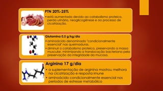 PTN 20%-25% 
•está aumentada devido ao catabolismo proteico, 
perda urinária, neoglicogênese e ao processo de 
cicatrização. 
Glutamina 0,5 g/kg/dia 
•aminoácido denominado "condicionalmente 
essencial" nas queimaduras. 
• diminuir o catabolismo proteico, preservando a massa 
muscular, minimizando a translocação bacteriana pela 
preservação da integridade da mucosa. 
Arginina 17 g/dia 
• a suplementação de arginina mostrou melhora 
na cicatrização e resposta imune 
• aminoácido condicionalmente essencial nos 
períodos de estresse metabólico 
 