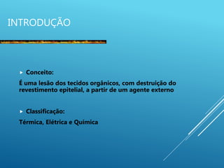 INTRODUÇÃO
 Conceito:
É uma lesão dos tecidos orgânicos, com destruição do
revestimento epitelial, a partir de um agente externo
 Classificação:
Térmica, Elétrica e Química
 