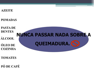 NUNCA PASSAR NADA SOBRE A
QUEIMADURA.
POMADAS
PASTA DE
DENTES
ÓLEO DE
COZINHA
TOMATES
ÁLCOOL
PÓ DE CAFÉ
AZEITEAZEITE
 