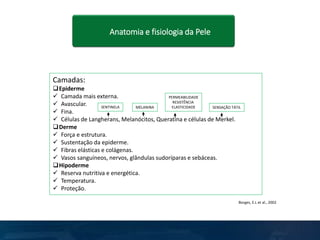 Anatomia e fisiologia da Pele
Camadas:
Epiderme
 Camada mais externa.
 Avascular.
 Fina.
 Células de Langherans, Melanócitos, Queratina e células de Merkel.
Derme
 Força e estrutura.
 Sustentação da epiderme.
 Fibras elásticas e colágenas.
 Vasos sanguíneos, nervos, glândulas sudoríparas e sebáceas.
Hipoderme
 Reserva nutritiva e energética.
 Temperatura.
 Proteção.
Borges, E.L et al., 2002
SENTINELA SENSAÇÃO TÁTIL
MELANINA
PERMEABILIDADE
RESISTÊNCIA
ELASTICIDADE
 