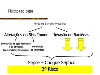 Fisiopatologia
Perda da Barreira Mecânica
Alterações no Sist. Imune Invasão de Bactérias
Diminuição da ação Fagocítica
e da atividade
Bactericidados Neutrófilos
Diminuição
da Imunidade
Sepse – Choque Séptico
3º Risco
 
