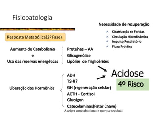 Fisiopatologia
Resposta Metabólica(2º Fase)
Aumento do Catabolismo
e
Uso das reservas energéticas
Necessidade de recuperação
 Cicatrização de Feridas
 Circulação Hiperdinâmica
 Impulso Respiratório
 Fluxo Protéico
Proteínas – AA
Glicogenólise
Lipólise de Triglicérides
Liberação dos Hormônios
ADH
TSH(?)
GH (regeneração celular)
ACTH – Cortisol
Glucágon
Catecolaminas(Fator Chave)
Acidose
4º Risco
Acelera o metabolismo e necrose tecidual
 