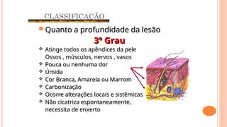  Quanto a profundidade da lesão
Quanto a profundidade da lesão
3º Grau
3º Grau
 Atinge todos os apêndices da pele
Atinge todos os apêndices da pele
Ossos , músculos, nervos , vasos
Ossos , músculos, nervos , vasos
 Pouca ou nenhuma dor
Pouca ou nenhuma dor
 Úmida
Úmida
 Cor Branca, Amarela ou Marrom
Cor Branca, Amarela ou Marrom
 Carbonização
Carbonização
 Ocorre alterações locais e sistêmicas
Ocorre alterações locais e sistêmicas
 Não cicatriza espontaneamente,
Não cicatriza espontaneamente,
necessita de enxerto
necessita de enxerto
CLASSIFICAÇÃO
 