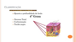 CLASSIFICAÇÃO
 Quanto a profundidade da lesão
4º Grau
 Necrose Total
 Carbonização
 Tecido negro
 