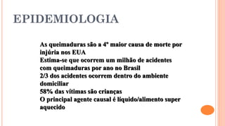 As queimaduras são a 4º maior causa de morte por
injúria nos EUA
Estima-se que ocorrem um milhão de acidentes
com queimaduras por ano no Brasil
2/3 dos acidentes ocorrem dentro do ambiente
domiciliar
58% das vítimas são crianças
O principal agente causal é líquido/alimento super
aquecido
EPIDEMIOLOGIA
 