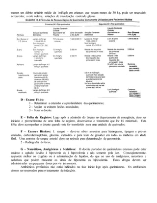 manter um débito urinário médio de 1ml/kg/h em crianças que pesam menos de 30 kg, pode ser necessário
acrescentar, a este volume, soluções de manutenção contendo glicose.
D – Exame Físico:
1 – Determinar a extensão e a profundidade das queimaduras;
2 – Avaliar se existem lesões associadas;
3 – Pesar o doente.
E – Folha de Registro: Logo após a admissão do doente no departamento de emergência, deve ser
iniciado o preenchimento de uma folha de registro, descrevendo o tratamento que lhe foi ministrado. Esta
folha deve acompanhar o doente quando este for transferido para uma unidade de queimados.
F – Exames Básicos: 1. sangue – deve-se obter amostras para hemograma, tipagem e provas
cruzadas, carboxihemoglobina, glicemia, eletrólitos e para teste de gravidez em todas as mulheres em idade
fértil. Uma amostra de sangue arterial deve ser retirada para determinação de gasometria.
2 – Radiografia de tórax.
G – Narcóticos, Analgésicos e Sedativos: O doente portador de queimaduras extensas pode estar
ansioso e agitado devido à hipoxemia ou à hipovolemia e não somente pela dor. Conseqüentemente,
responde melhor ao oxigênio ou à administração de líquidos, do que ao uso de analgésicos, narcóticos e
sedativos que podem mascarar os sinais de hipoxemia ou hipovolemia. Essas drogas devem ser
administradas em pequenas doses por via intravenosa.
Antibióticos profiláticos não estão indicados na fase inicial logo após queimaduras. Os antibióticos
devem ser reservados para o tratamento de infecções.
 