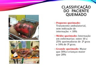 CLASSIFICAÇÃO
DO PACIENTE
QUEIMADO
• Pequeno queimado:
Tratamento ambulatorial,
sem indicação de
internação: < 10%
• Médio queimado: Internação
em enfermarias: entre 10 a
25% queimaduras de 2º grau
e 10% de 3º grau.
• Grande queimado: Maior
que 30% e crianças maior
que 20%
 