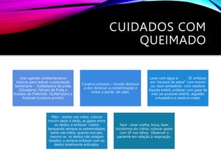 CUIDADOS COM
QUEIMADO
Usar agentes antibacterianos
tópicos para reduzir a população
bacteriana – Sulfadiazina de prata
(Silvadene), Nitrato de Prata e
Acetato de Mafenide (Sulfamylon) e
Acticoat (curativo pronto)
Curativo oclusivo – função diminuir
a dor, diminuir a contaminação e
evitar a perda de calor.
Lavar com água e SF, enfaixar
em “escama de peixe” com morim
ou raion embebido com vaselina
líquida estéril, enfaixar com gaze de
rolo (se possível estéril), algodão
ortopédico e atadura crepe.
Mão – lesões nas mãos, colocar
morim dedo à dedo, as gazes entre
os dedos, e enfaixar inteiro
tampando sempre as extremidades,
tanto nas mãos, quanto nos pés,
mesmo se os dedos não estejam
lesados, e sempre enfaixar com os
dedos totalmente esticados.
Face - lavar orelha, boca, fazer
tricotomia do crânio, colocar gazes
com SF nos olhos. Observar o
paciente em relação à respiração.
 