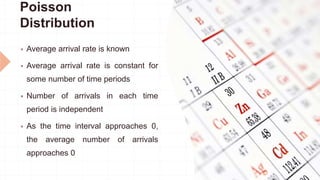 Poisson
Distribution
 Average arrival rate is known
 Average arrival rate is constant for
some number of time periods
 Number of arrivals in each time
period is independent
 As the time interval approaches 0,
the average number of arrivals
approaches 0
 