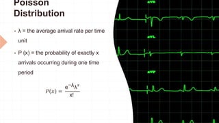 Poisson
Distribution
 λ = the average arrival rate per time
unit
 P (x) = the probability of exactly x
arrivals occurring during one time
period
𝑃 𝑥 =
e−λλ𝑥
x!
 