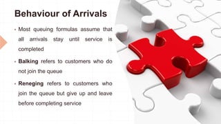 Behaviour of Arrivals
 Most queuing formulas assume that
all arrivals stay until service is
completed
 Balking refers to customers who do
not join the queue
 Reneging refers to customers who
join the queue but give up and leave
before completing service
 