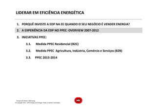 Direção de Cliente e Marketing
LIDERAR EM EFICIÊNCIA ENERGÉTICA
1. PORQUÊ INVESTE A EDP NA EE QUANDO O SEU NEGÓCIO É VENDER ENERGIA?
2. A EXPERIÊNCIA DA EDP NO PPEC: OVERVIEW 2007-2012
3. INICIATIVAS PPEC:
3.1. Medida PPEC Residencial (B2C)
3.2. Medida PPEC Agricultura, Indústria, Comércio e Serviços (B2B)
3.3. PPEC 2013-2014
© Copyright 2013 - EDP Energias de Portugal. Todos os direitos reservados
 
