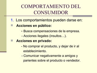 COMPORTAMIENTO DEL CONSUMIDOR 1.   Los comportamientos pueden darse en:  Acciones en público:   -  Busca compensaciones de la empresa. - Acciones ilegales (insultos…). Acciones en privado: - No comprar el producto, y dejar de ir al establecimiento. - Comunicar negativamente a amigos y parientes sobre el producto o vendedor. 