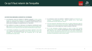 LES PISTES POUR AMÉLIORER LE DISPOSITIF DE L’ALTERNANCE
 Les entreprises comme les étudiants et diplômés proposent la mise en place
d’outils de communication pratiques et clairs qui permettraient de mettre en
relation les entreprises et les étudiants, de clarifier les aspects financiers et de
déverrouiller les préjugés et les appréhensions sur l’alternance.
 Pour améliorer les contrats en alternance, les entreprises souhaiteraient avant
tout renforcer le réseau d’entreprises et d’acteurs afin de pouvoir partager leurs
informations et leur expérience (23 % des pistes d’amélioration les plus citées).
 Les étudiants et diplômés ne se sentent pas toujours appréciés à leur juste
valeur puisqu’ils ont souvent exprimé leur volonté d’être valorisés à travers une
campagne de communication auprès des entreprises (28 % des pistes
d’amélioration les plus citées).
 Les entreprises comme les étudiants / diplômés insistent sur l’importance de
renforcer l’accompagnement pour chacun (environ 20 % des pistes
d’amélioration les plus citées pour chacun).
 23 % des entreprises répondantes optent pour un rythme d’alternance idéal d’1
semaine à l’école et de 3 semaines en entreprise. Mais elles ont été nombreuses
à expliquer que le rythme dépend de l’emploi occupé par l’alternant.
 54 % des entreprises sondées trouvent la mise en place des contrats
moyennement simple. Les pistes d’amélioration les plus souvent proposées ont
été l’allégement des processus administratifs (37 % des pistes d’amélioration
les plus souvent citées) et l’amélioration de l’aspect financier des contrats (18 %
des pistes d’amélioration les plus souvent citées).
Ce qu’il faut retenir de l’enquête
615/02/2016 © 2014 Agence Noir sur Blanc www.noirsurblanc.com
 