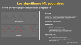 Les algorithmes ML populaires
@paulb_recast
Apprentissage
Prédiction
Principe:
Les données d’entraînement sont divisées en N sous-ensemble
aléatoire. Pour chaque sous-ensemble, un sous-ensemble de
caractéristiques est aléatoirement tiré. Supervisé.
À la prédiction: vote majoritaire.
Avantages :
- Robuste au sur-apprentissage
- Paramétrisation intuitive et aisée
- Performant quand grand nombre de données
- Supporte grand nombre de caractéristiques
Désavantages :
- Peut prendre beaucoup de mémoire …
- Ne supporte pas l’apprentissage incrémental
- Apprentissage lent
Forêts aléatoires (algo de classification et régression)
 