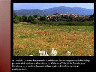 Au pied du Lubéron, Lourmarin possède tout le charme provençal d'un village
parsemé de fontaines et de maisons du XVIIe et XVIIIe siècle. Son château
Renaissance est un haut-lieu culturel où se déroulent de nombreuses
manifestations.
 
