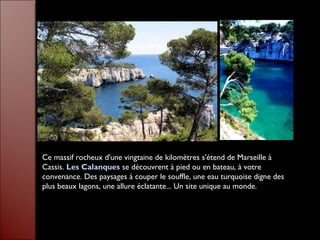 Ce massif rocheux d'une vingtaine de kilomètres s'étend de Marseille à
Cassis. Les Calanques se découvrent à pied ou en bateau, à votre
convenance. Des paysages à couper le souffle, une eau turquoise digne des
plus beaux lagons, une allure éclatante... Un site unique au monde.
 